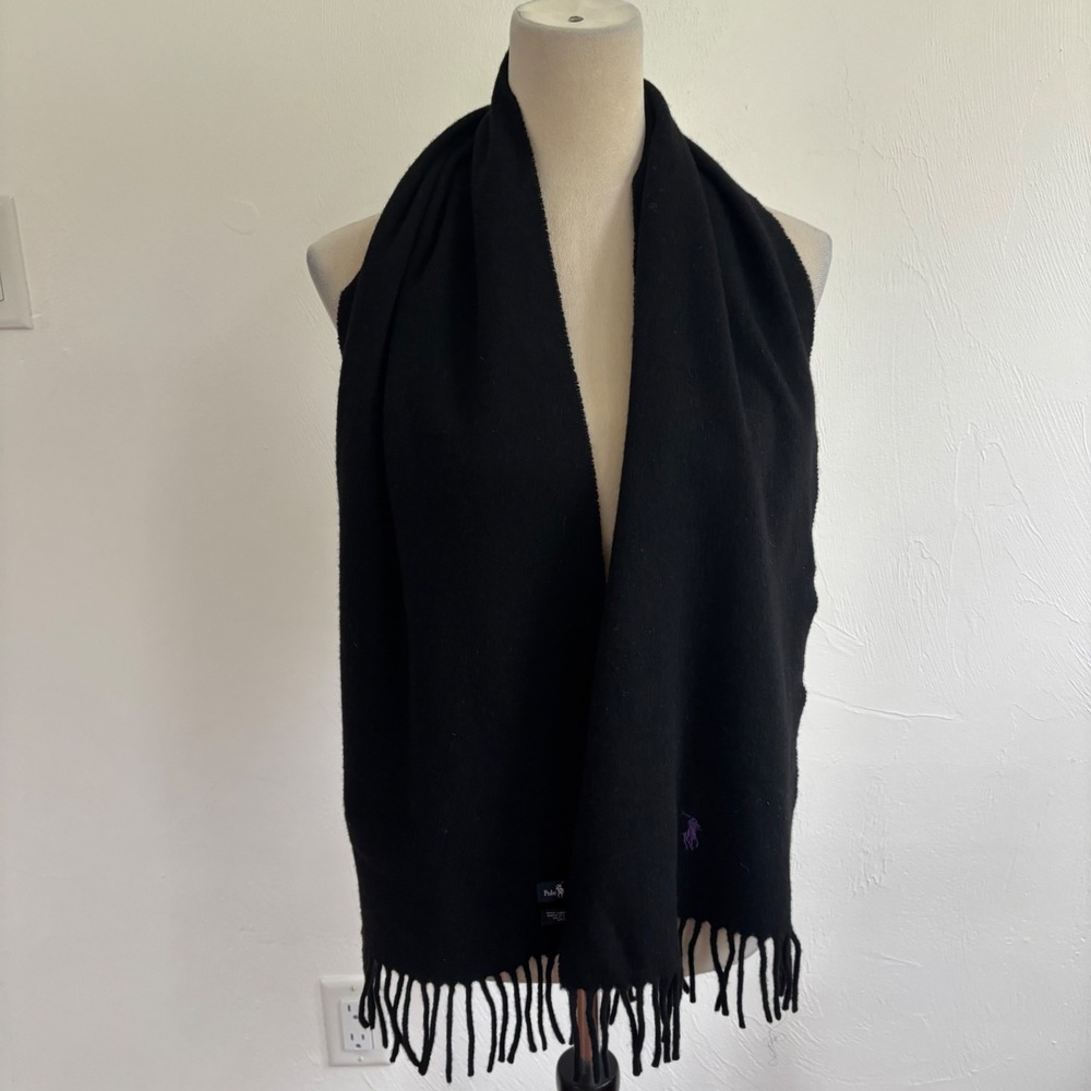Polo Ralph Lauren Scarf Black 100% Lambswool Made in Italy Fringe Winter